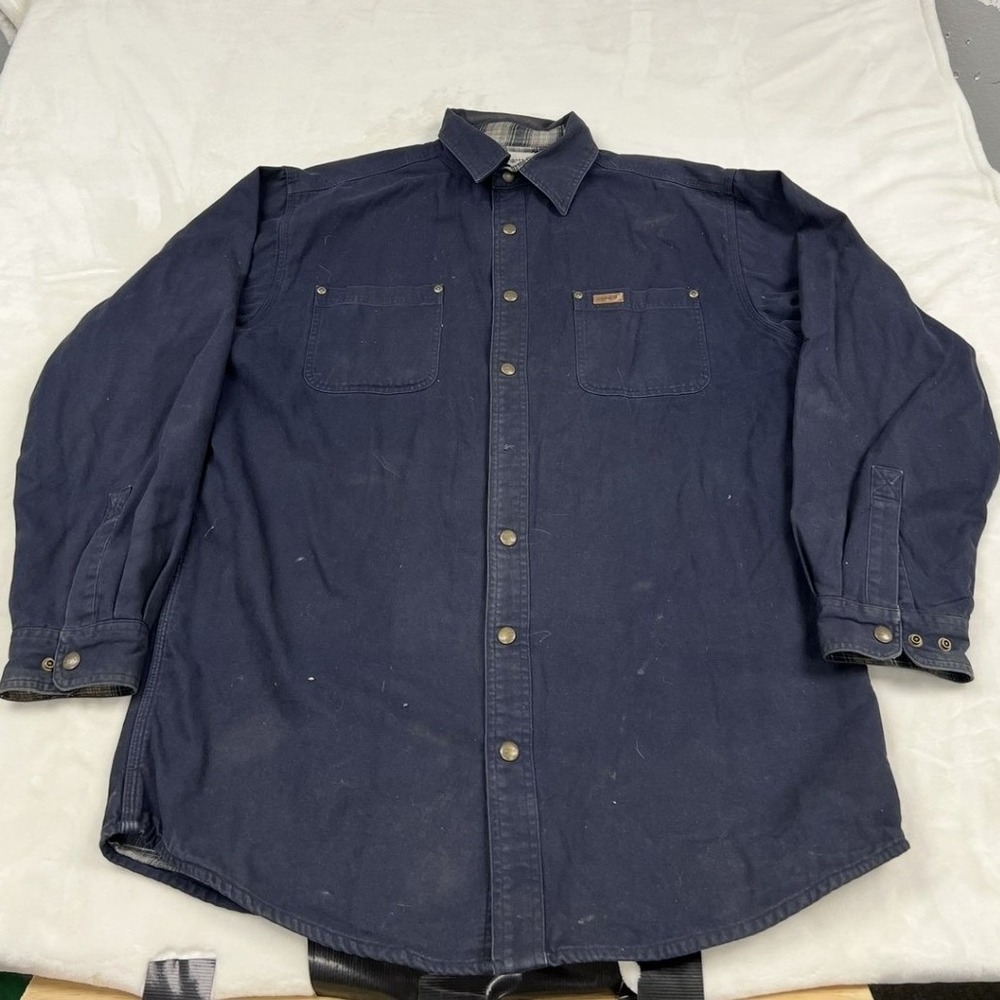 Carhartt Shirt Jacket Mens L Tall Navy Blue Flannel Lined Canvas Snap Front F1